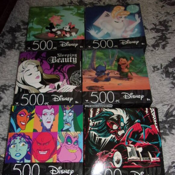 Bundle lot of 6 Disney Puzzles 500 pieces New Villians/Stitch/Minnie & Mickey - Picture 1 of 3